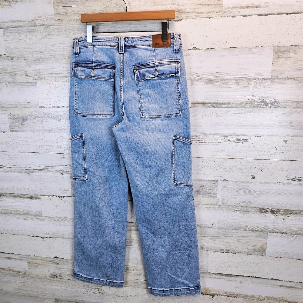 Judy Blue Claire Light Wash High Waist Wide Leg Cargo Jeans Stretch Denim 31 - Picture 5 of 13